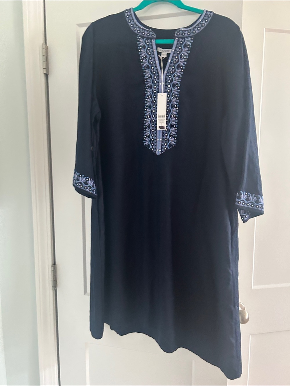 Embroidered Navy Blue Women’s Tunic Dress Chicos Brand New
